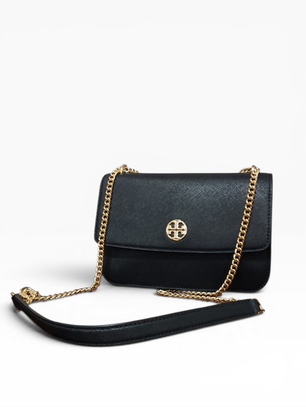 Tory Burch Robinson Chain Crossbody Convertable Bag Gently Loved Black W/ Gold
